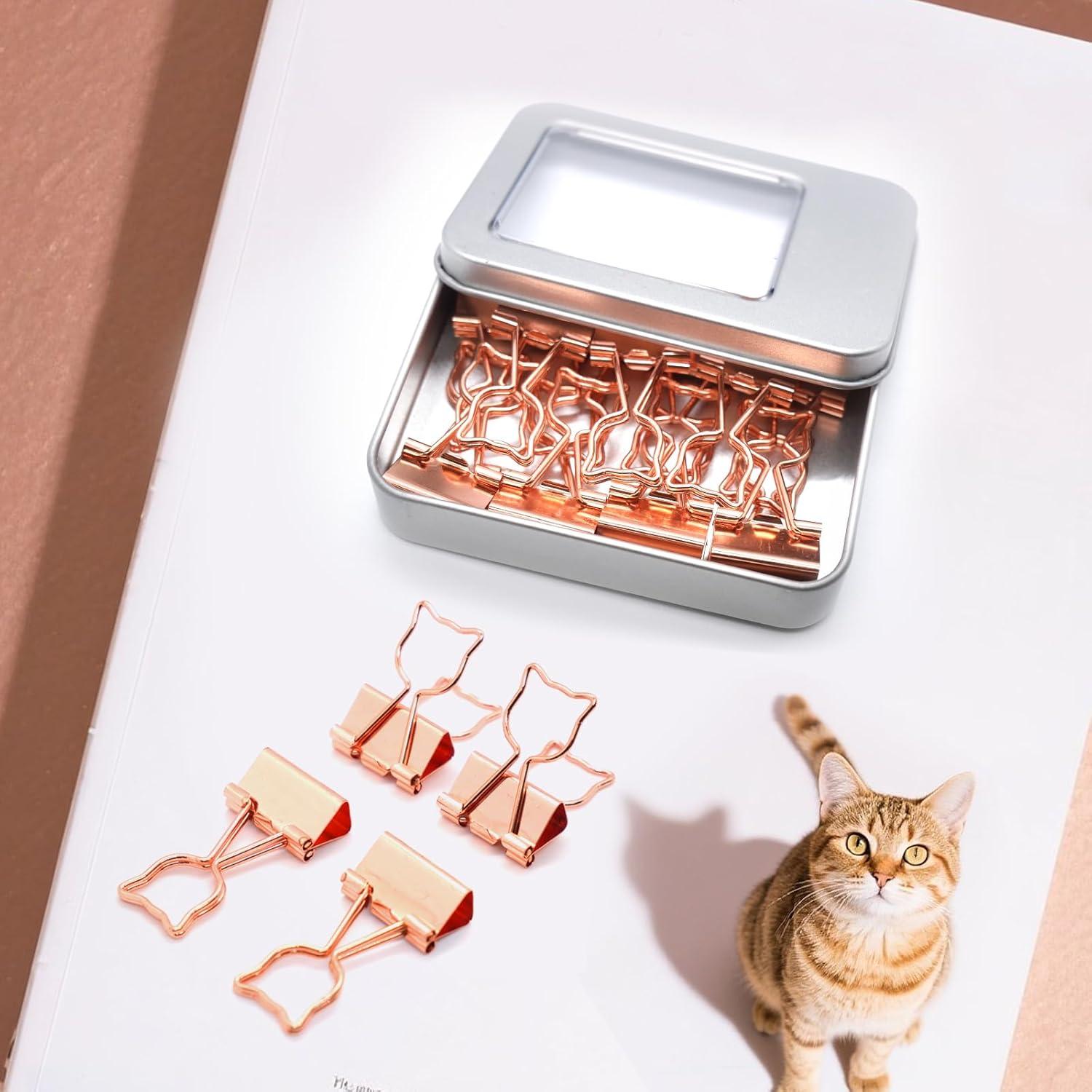 16 Clips de Carpeta de Gato Rosa Oro Haowuliao - Suministros de Oficina