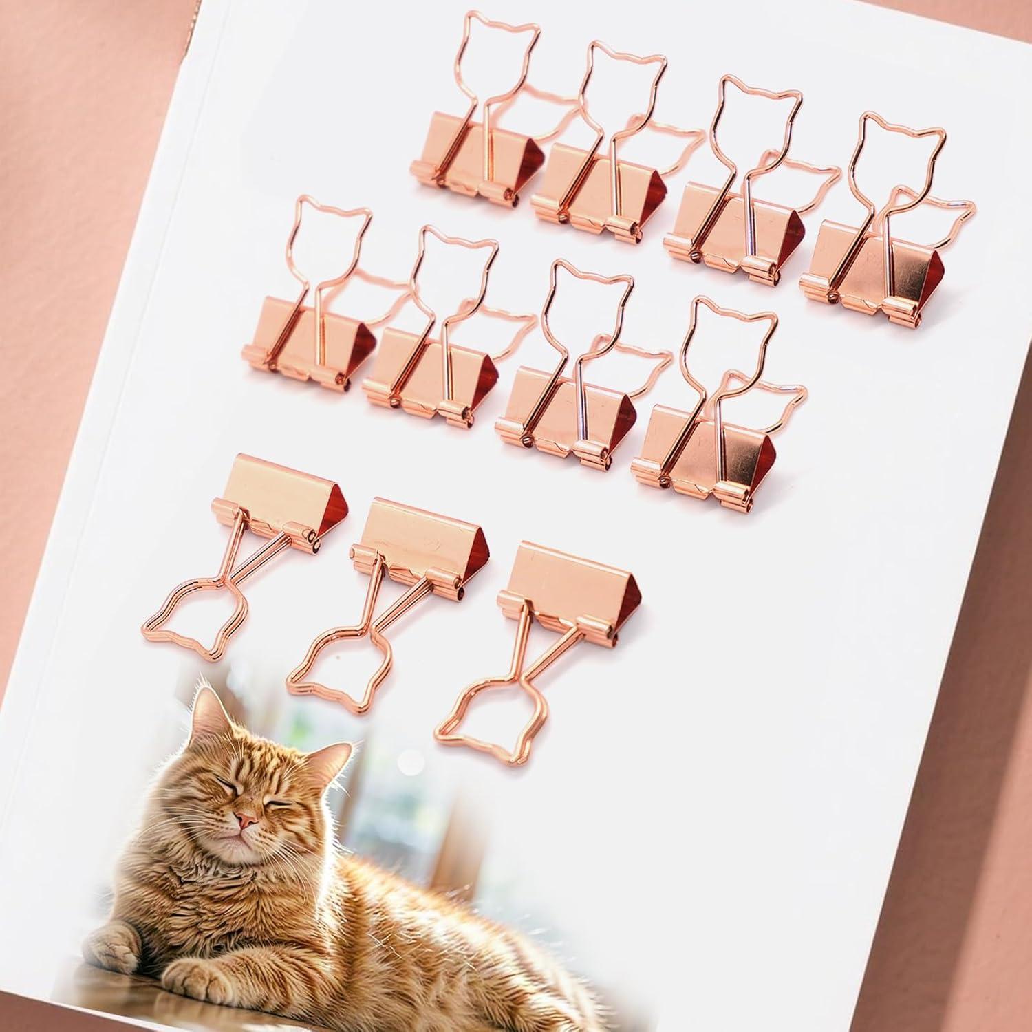 16 Clips de Carpeta de Gato Rosa Oro Haowuliao - Suministros de Oficina
