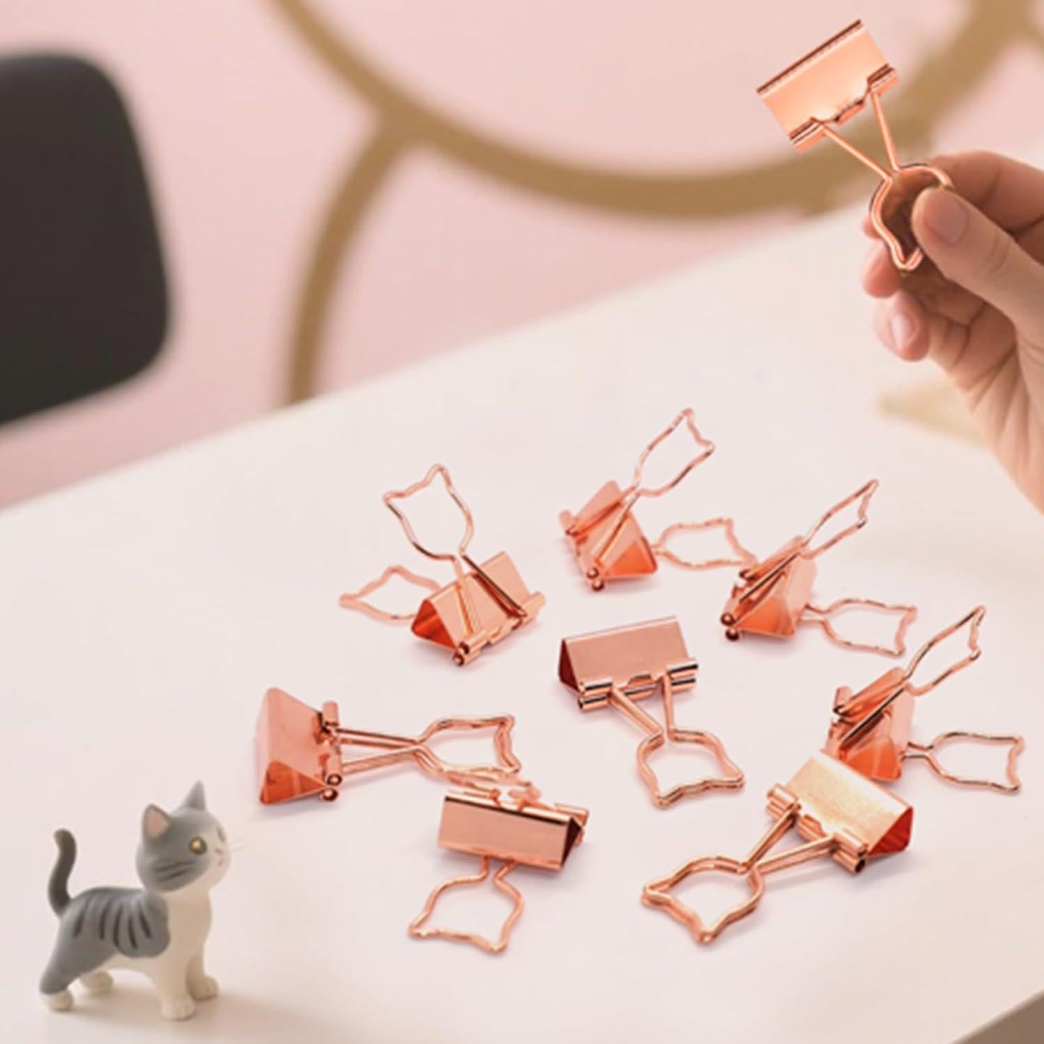 16 Clips de Carpeta de Gato Rosa Oro Haowuliao - Suministros de Oficina