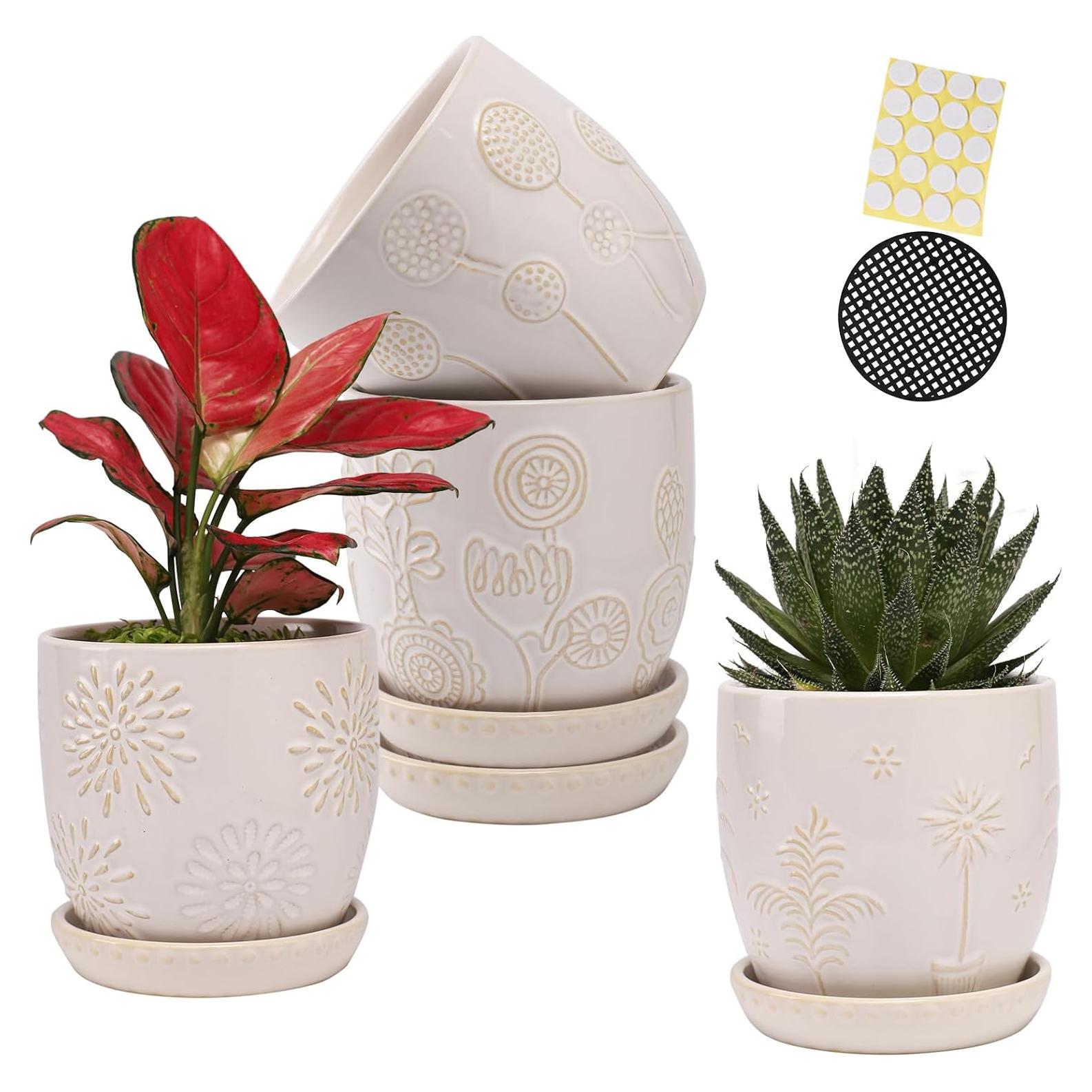 Juego de 4 Macetas de Cerámica OMAYKEY 12.07 cm con Plato