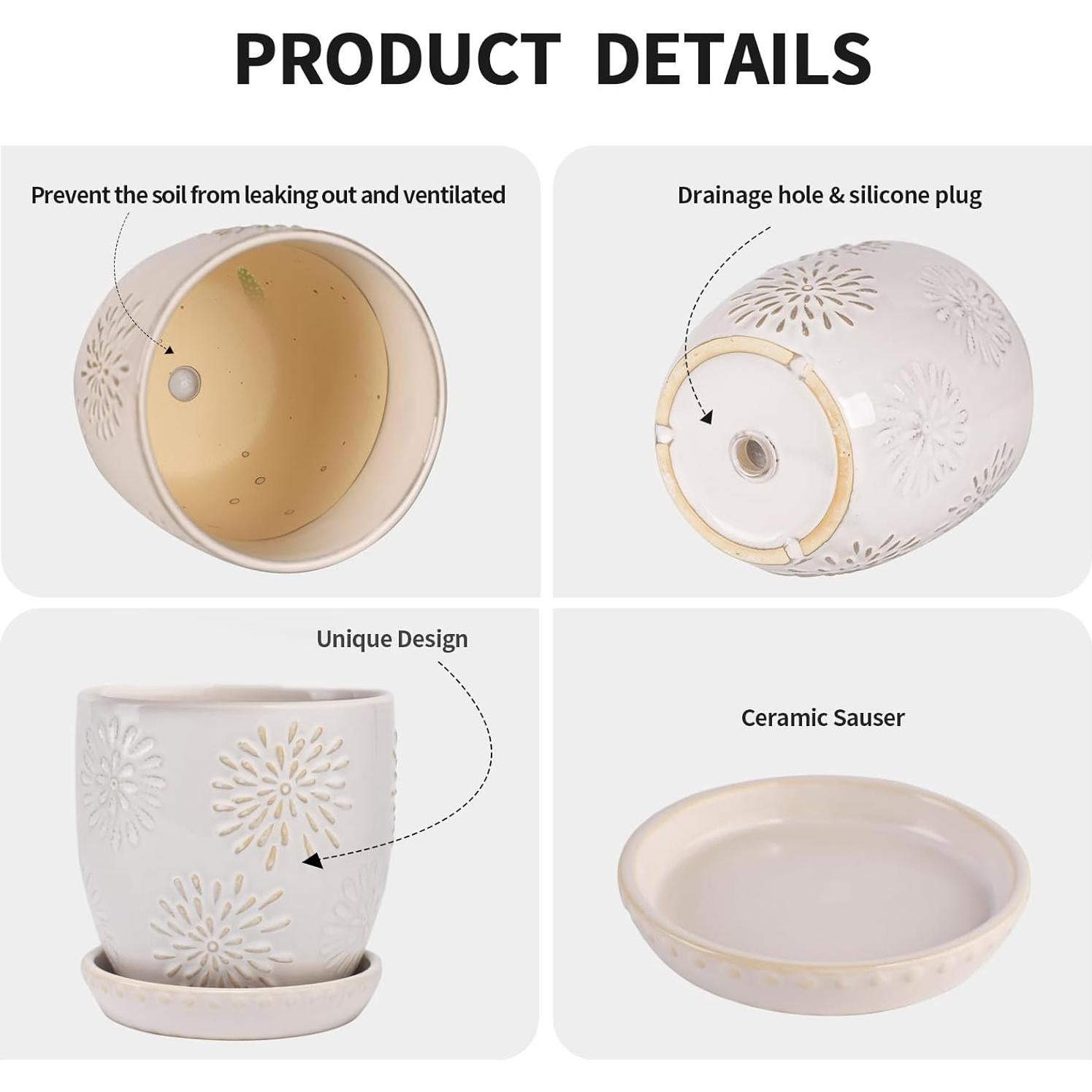 Juego de 4 Macetas de Cerámica OMAYKEY 12.07 cm con Plato