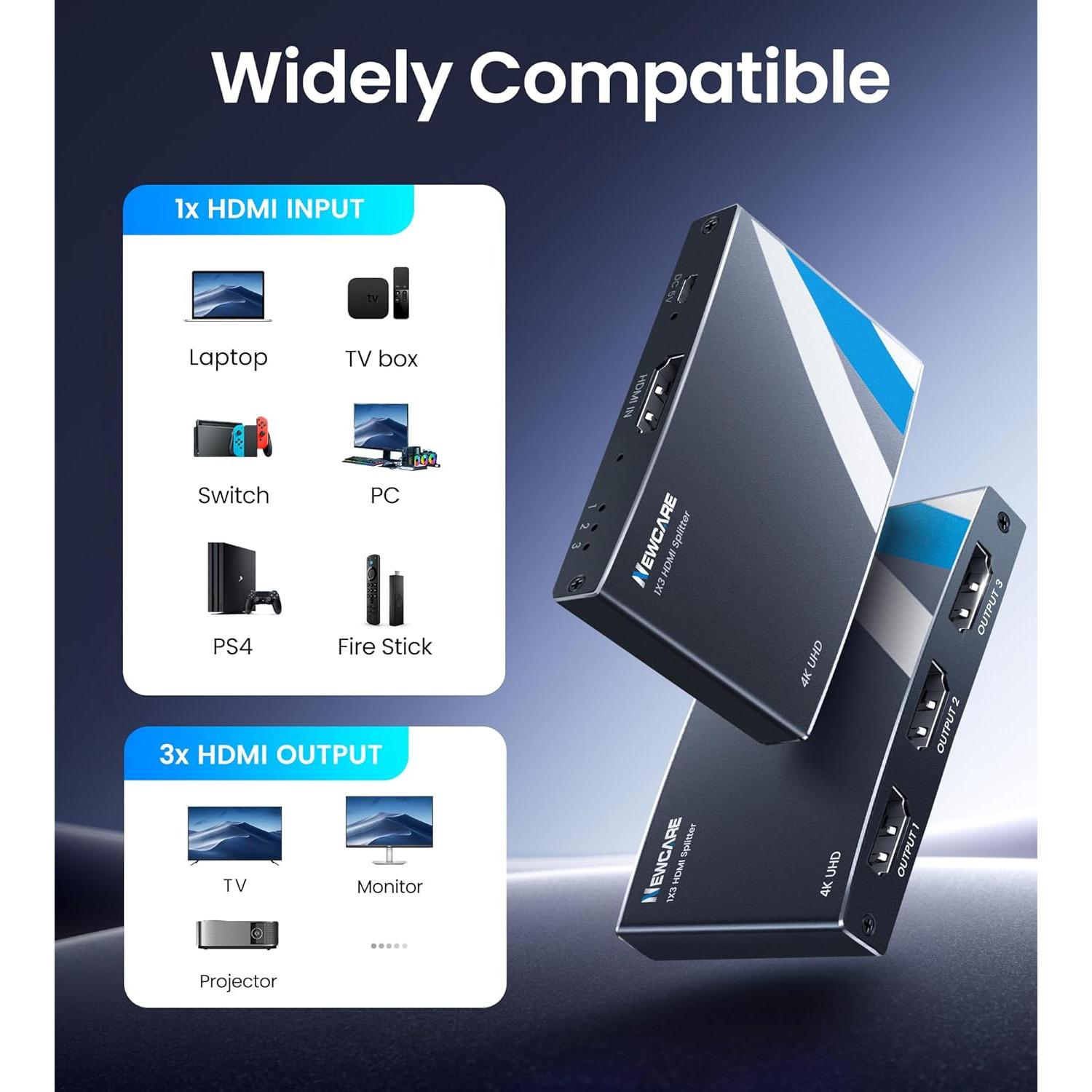 Divisor HDMI 4K NEWCARE 1x3 Salidas con Cable de 1.2m