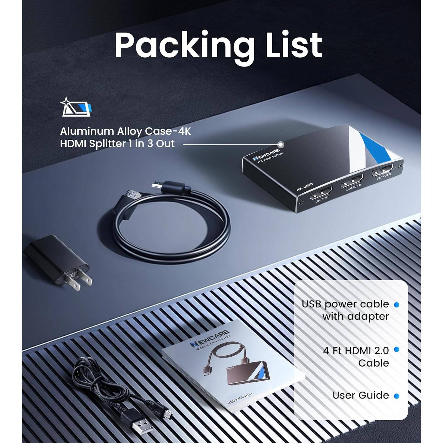 Divisor HDMI 4K NEWCARE 1x3 Salidas con Cable de 1.2m