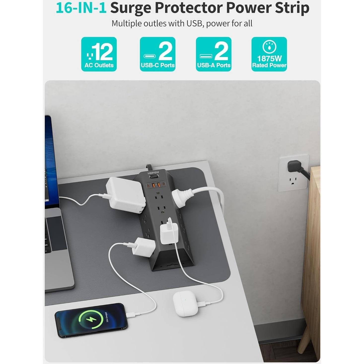 Protector de Sobretensión HOPOW 12 Salidas 4 USB 5FT Negro