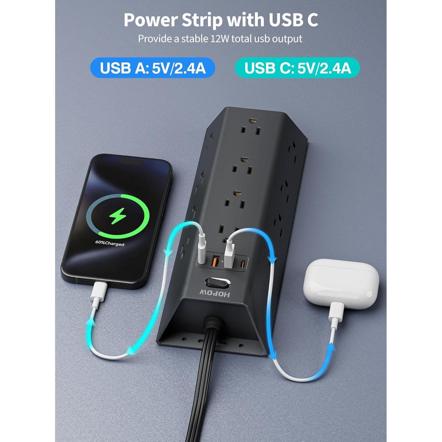 Protector de Sobretensión HOPOW 12 Salidas 4 USB 5FT Negro