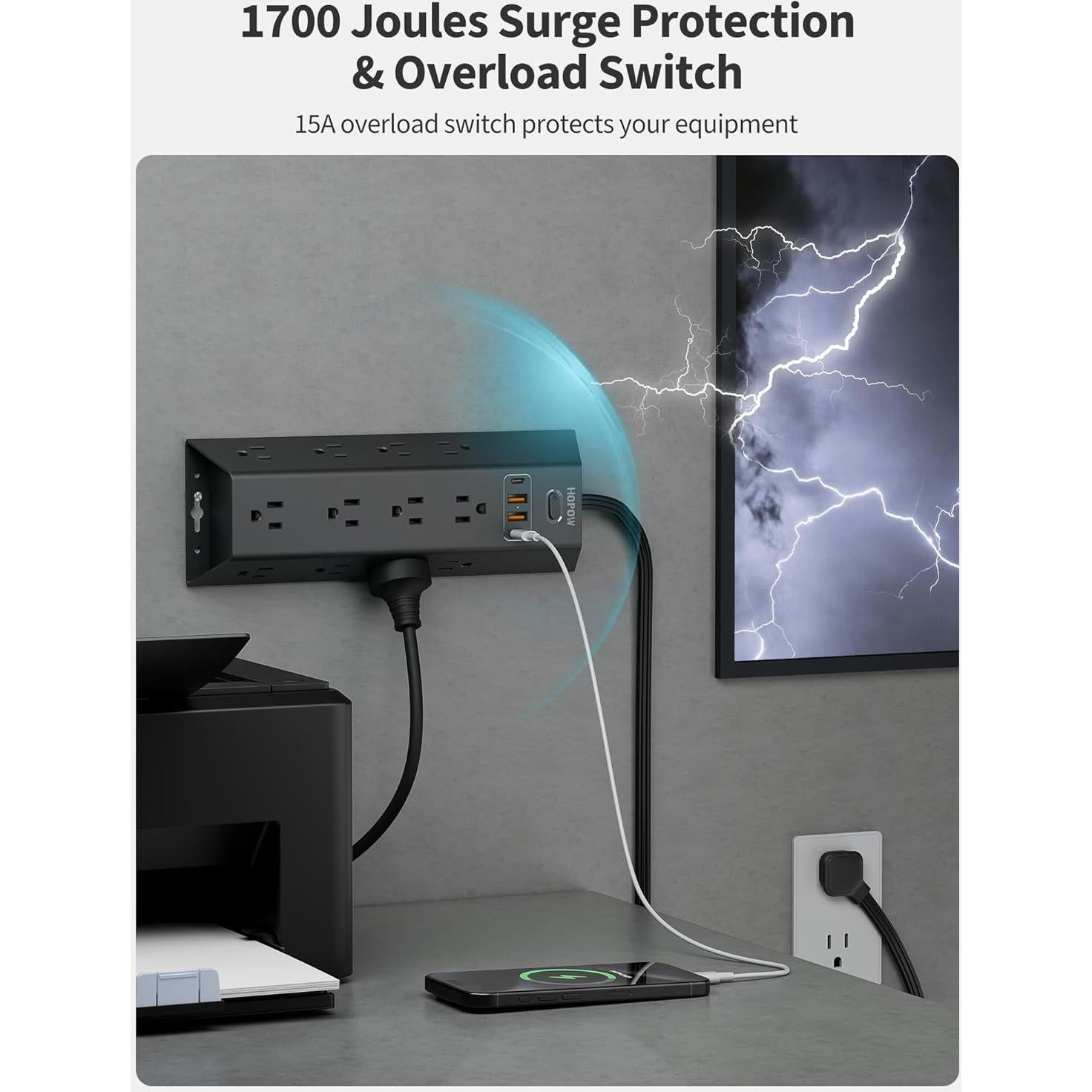 Protector de Sobretensión HOPOW 12 Salidas 4 USB 5FT Negro