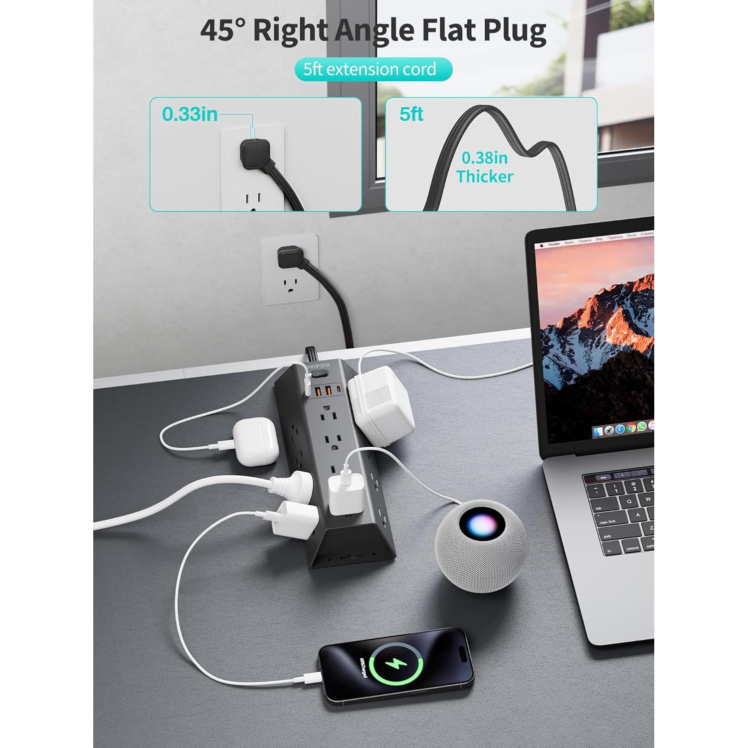 Protector de Sobretensión HOPOW 12 Salidas 4 USB 5FT Negro