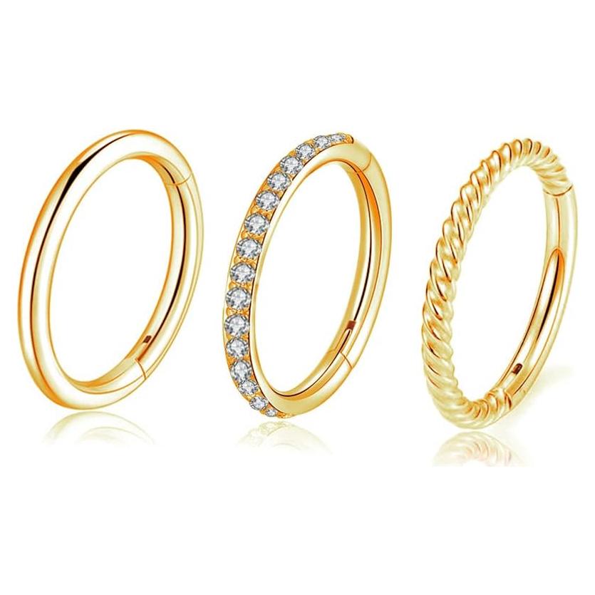 3 Pcs Anillos de Nariz Clicker 16G 8mm Acero Quirúrgico CZ