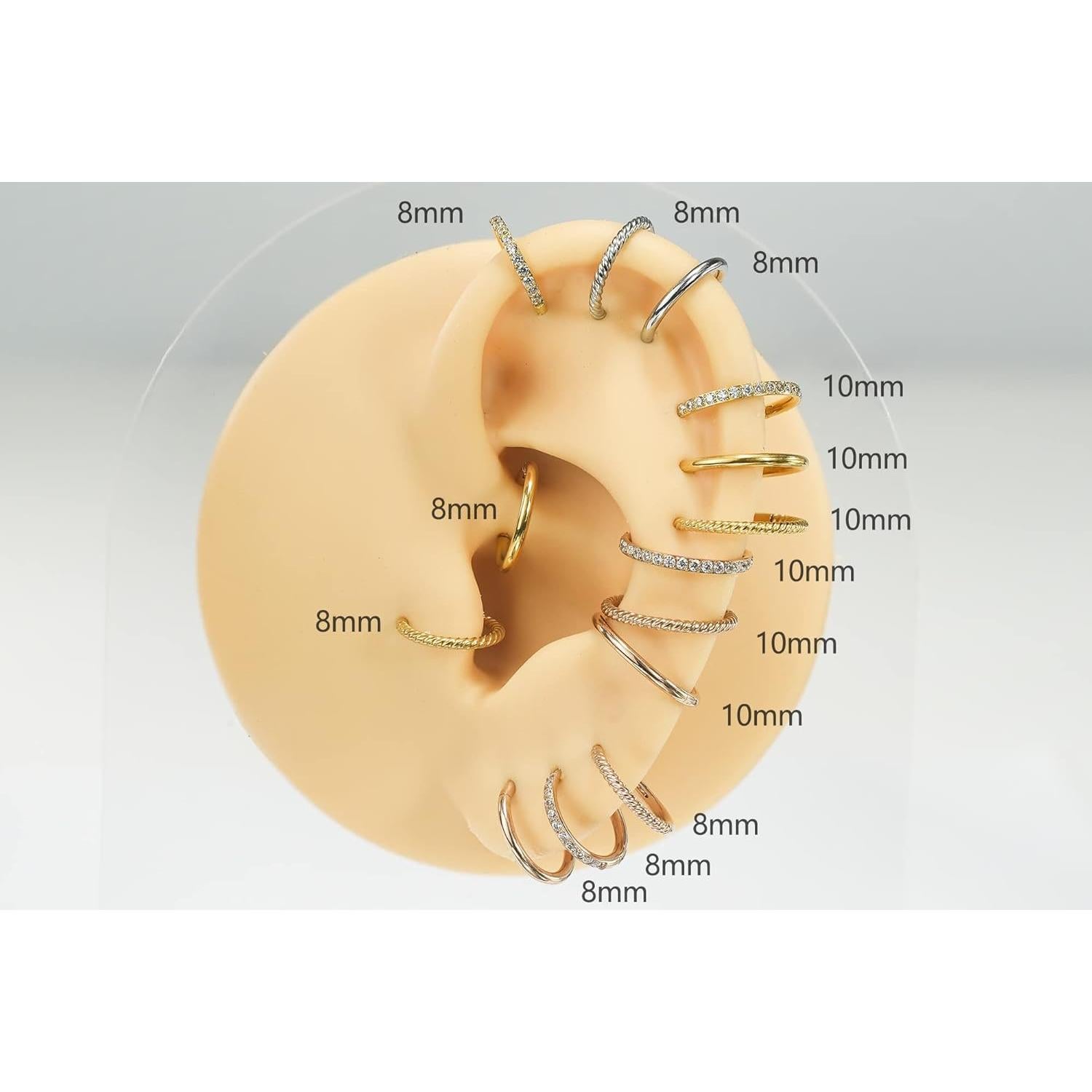 3 Pcs Anillos de Nariz Clicker 16G 8mm Acero Quirúrgico CZ