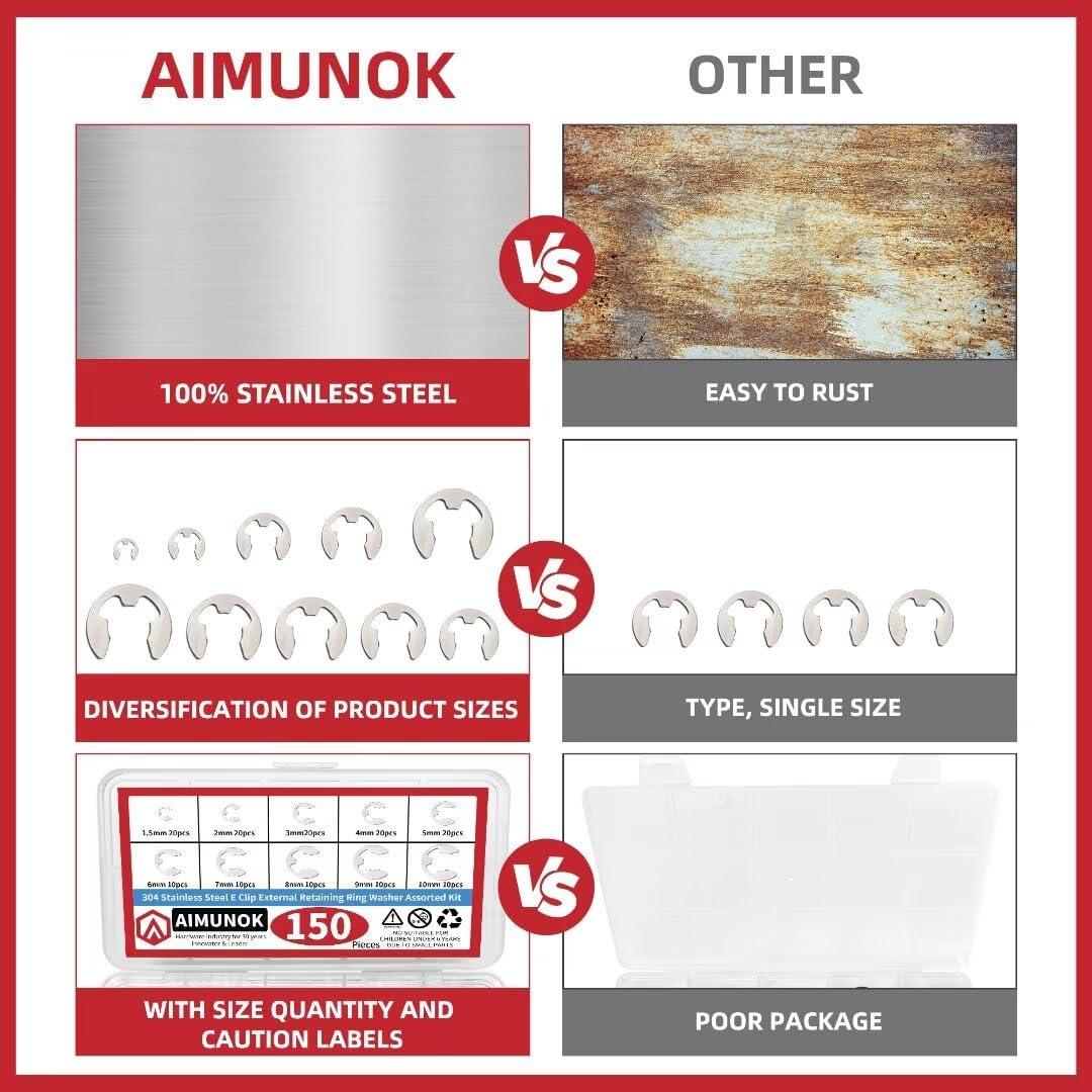 150 Piezas Anillos de Retención E-Clip Acero Inoxidable 304