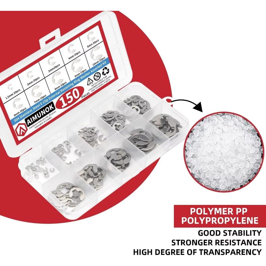 150 Piezas Anillos de Retención E-Clip Acero Inoxidable 304