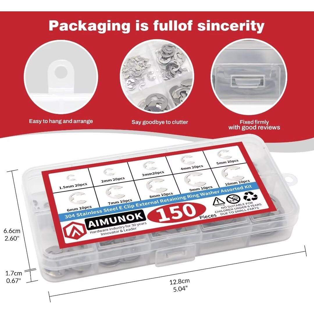 150 Piezas Anillos de Retención E-Clip Acero Inoxidable 304