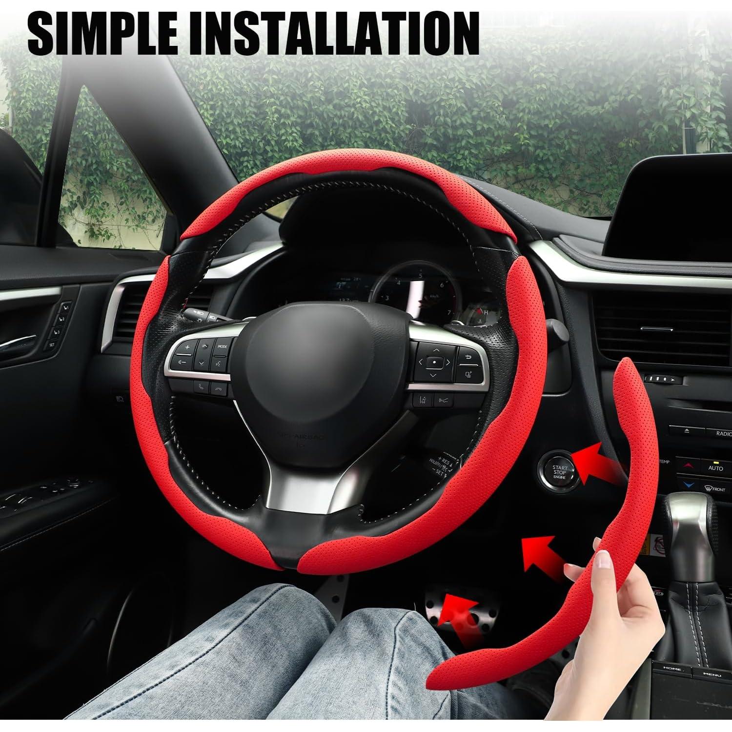 Cubierta de Volante de Cuero Nappa Amiss Rojo Universal 3PCS