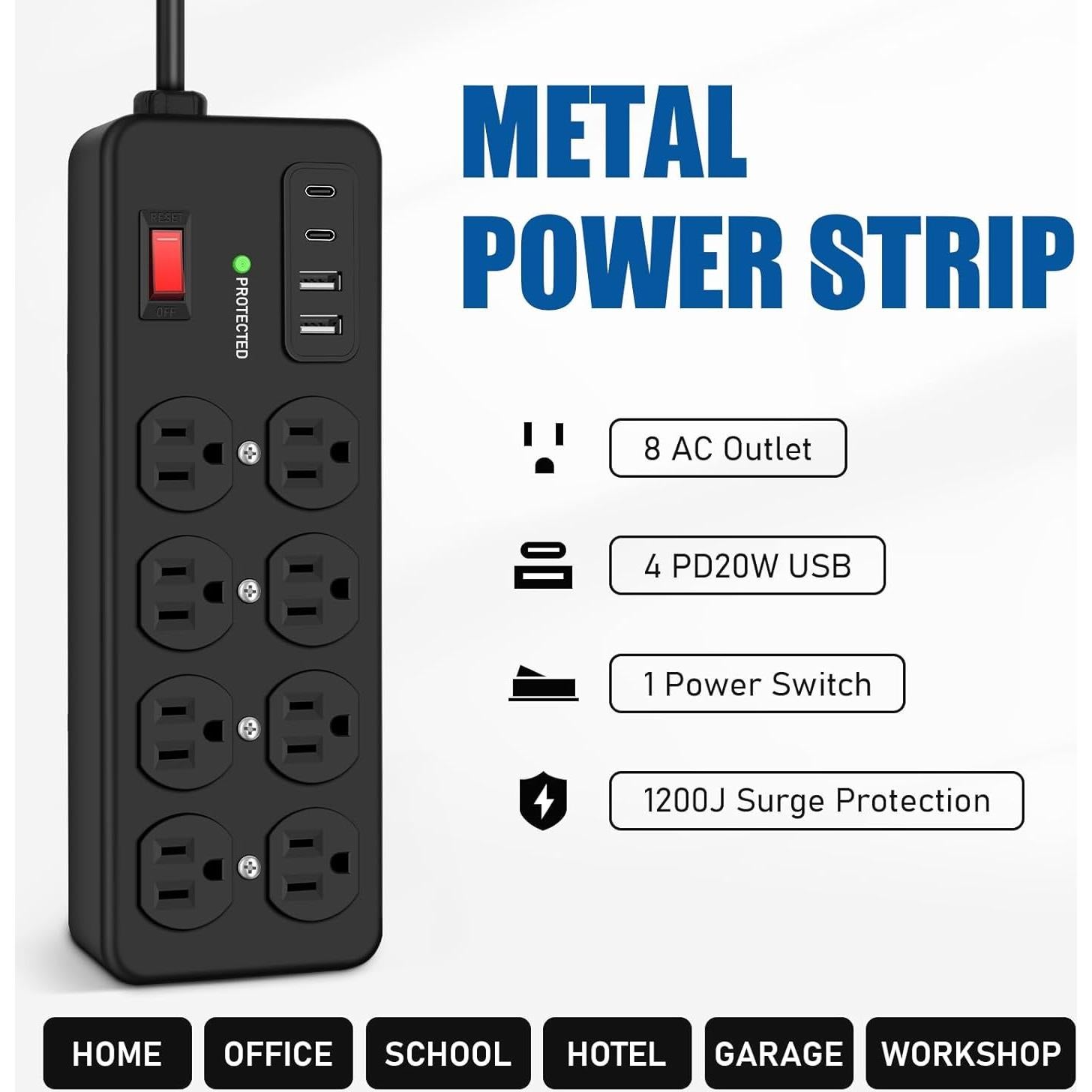 Regleta de Metal ANNQUAN 8 Salidas 20W USB 1.83M 1200J
