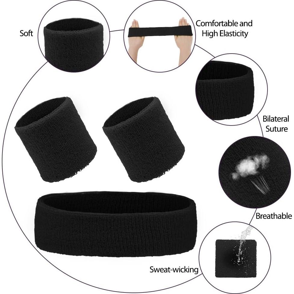 Cintas para el cabello y muñequeras QPIXVB negras - Absorción de humedad