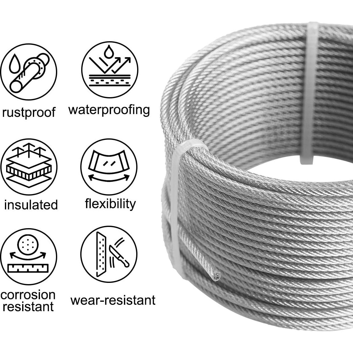Kit de Cable de Alambre de 15.24m Anmeiji 1/8" PVC Resistente
