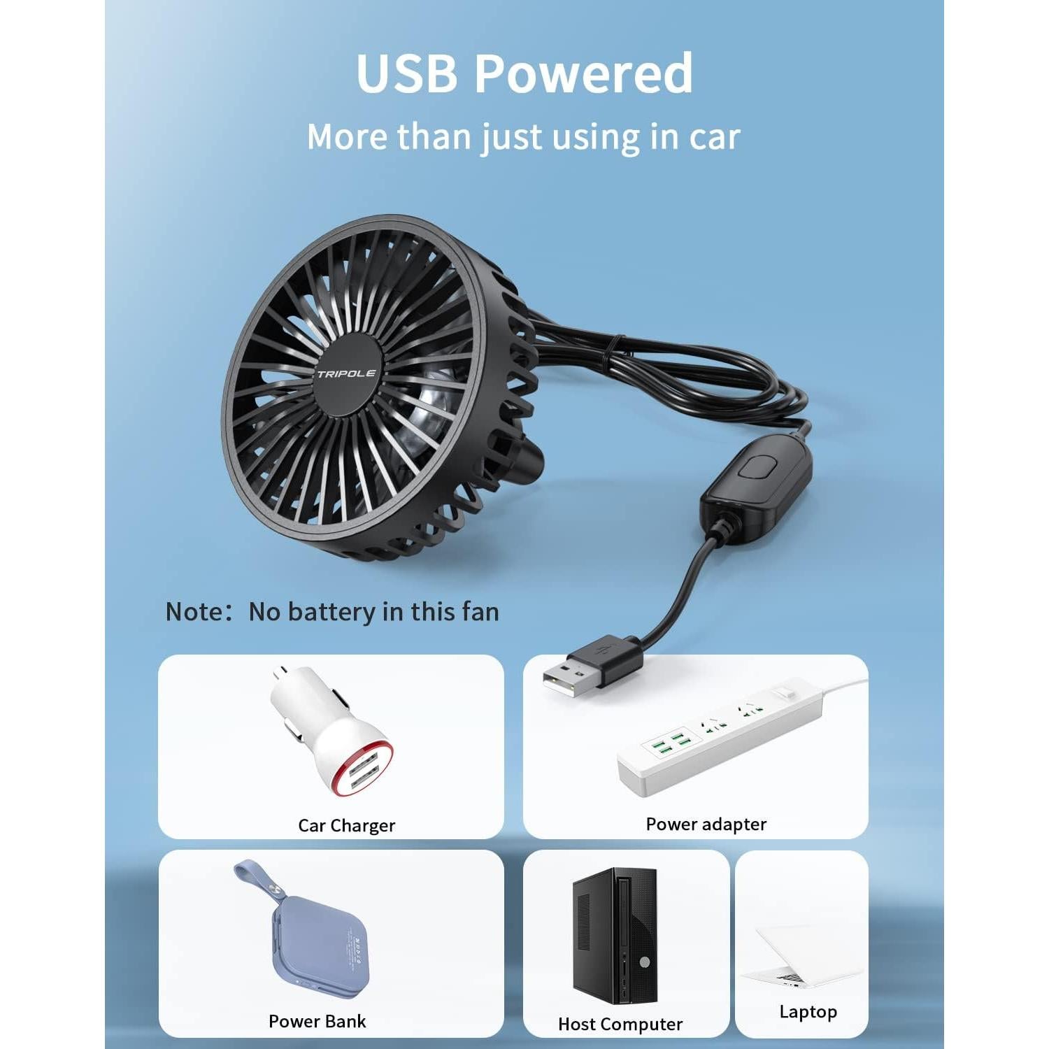 Ventilador de Coche TriPole USB 3 Velocidades Clip 10.4cm