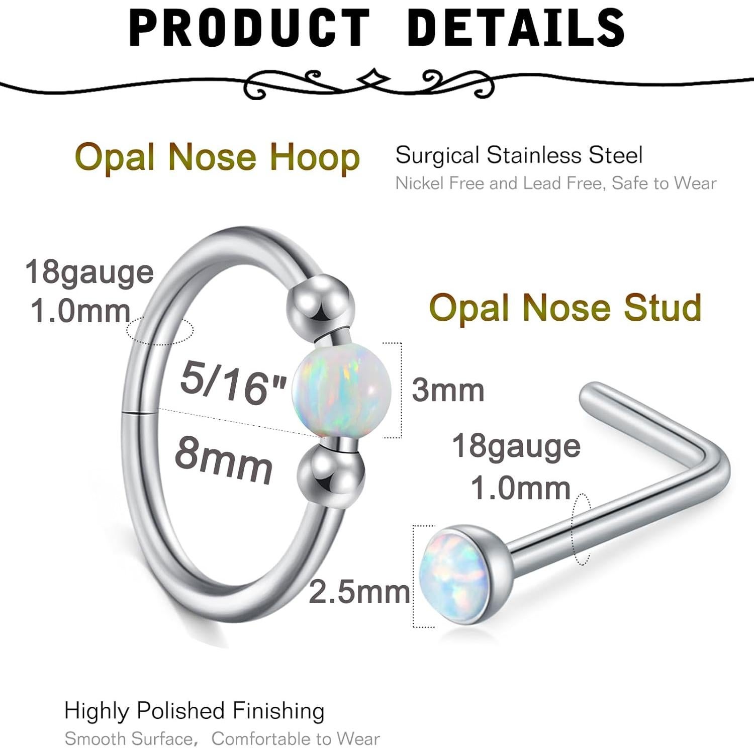 Anillo de Nariz 18g MODRSA con Ópalo Real para Mujeres 8mm