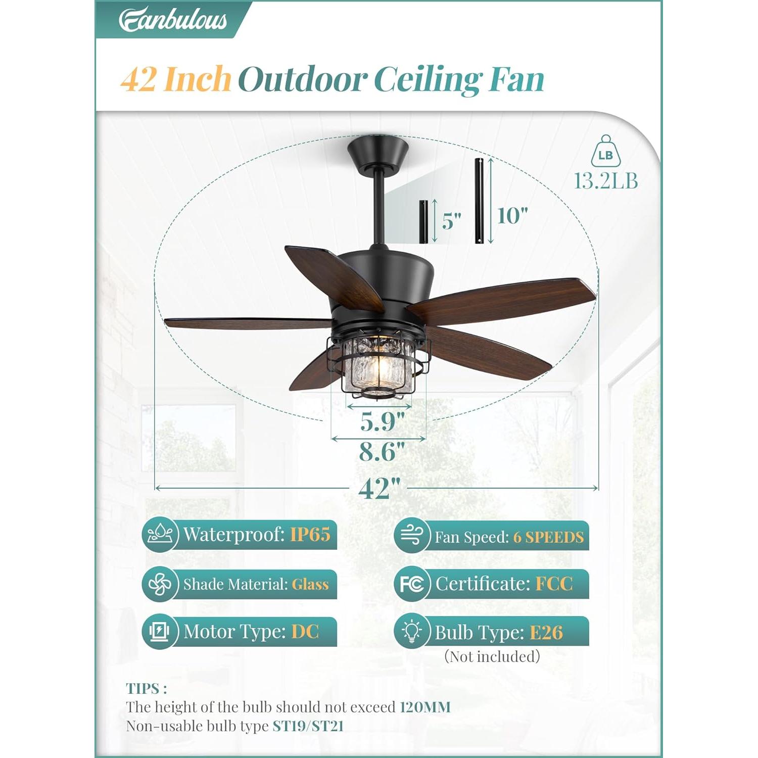 Ventilador de Techo Exterior Fanbulous 42" Negro IP65 Control Remoto