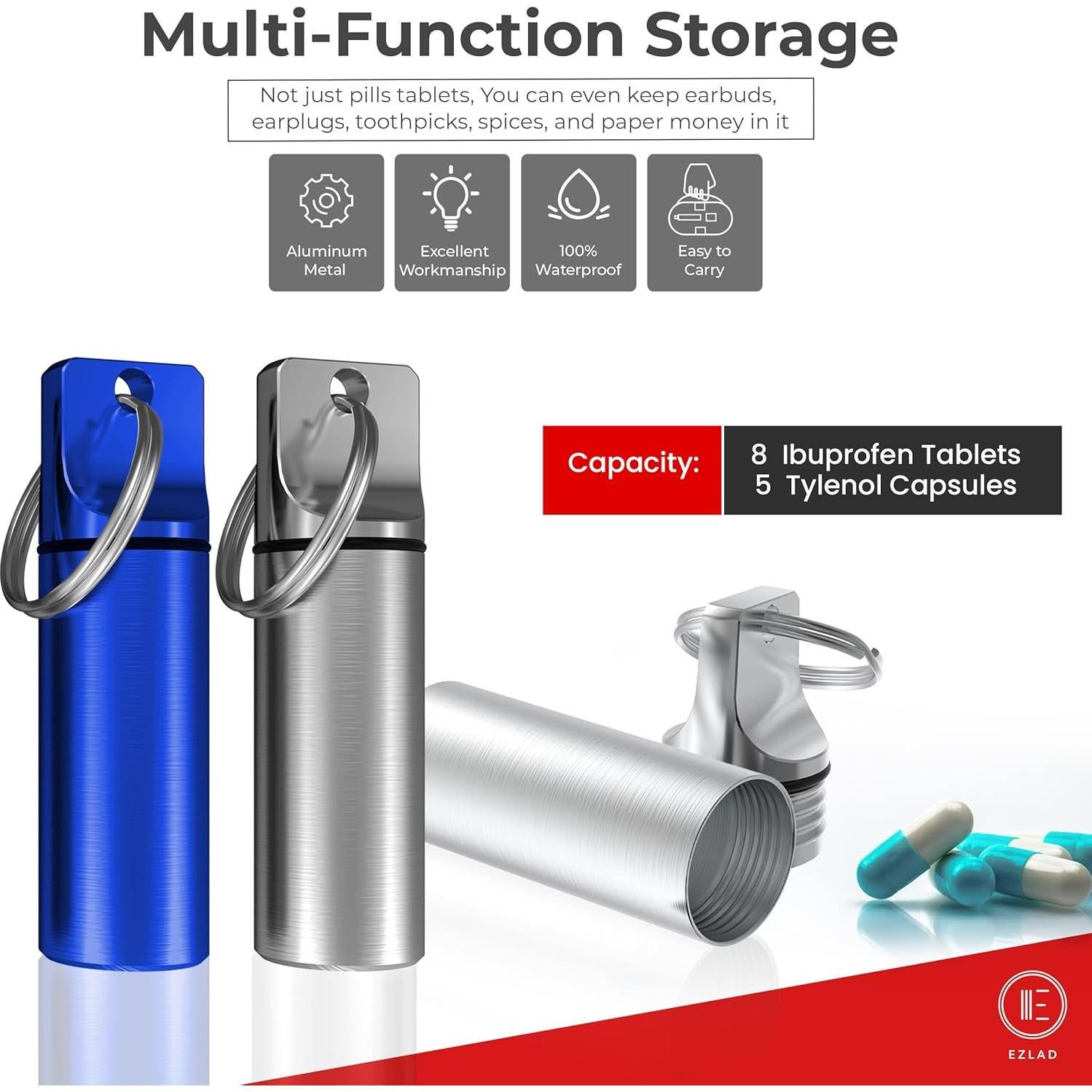 Porta píldoras llavero EZLAD - Paquete de 5, aluminio a prueba de agua