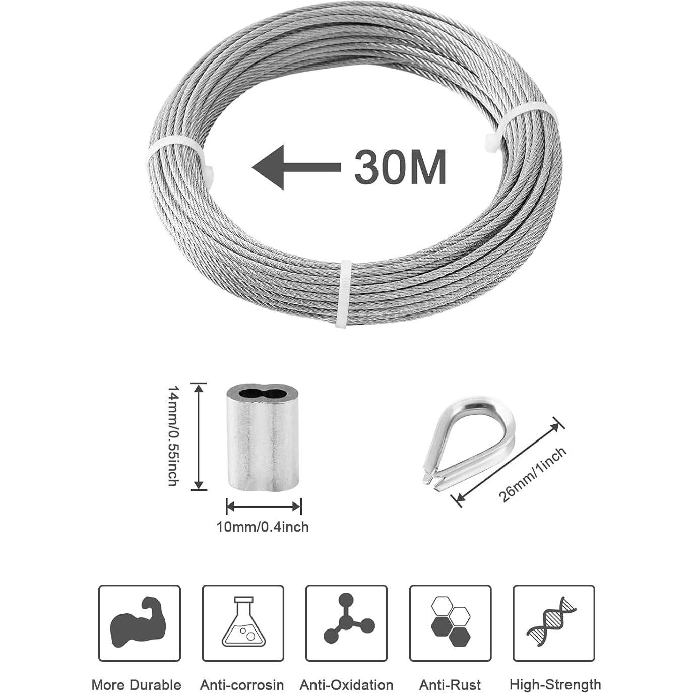 Cable de Acero Inoxidable 1/8" TooTaci 30m con Ojetes y Manguitos