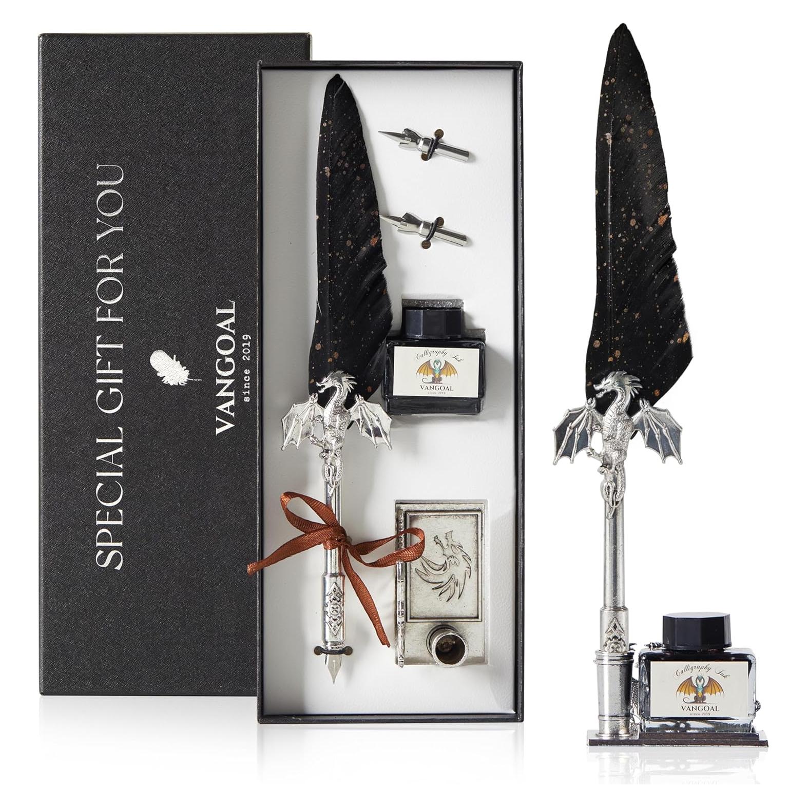Pluma de Dragón VANGOAL con Tinta Negra y Soporte Decorativo