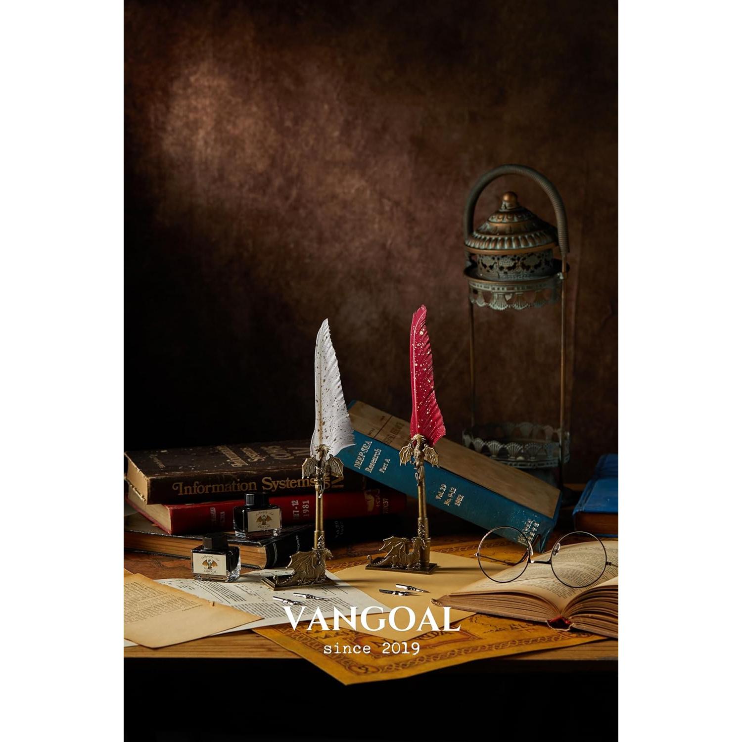 Pluma de Dragón VANGOAL con Tinta Negra y Soporte Decorativo