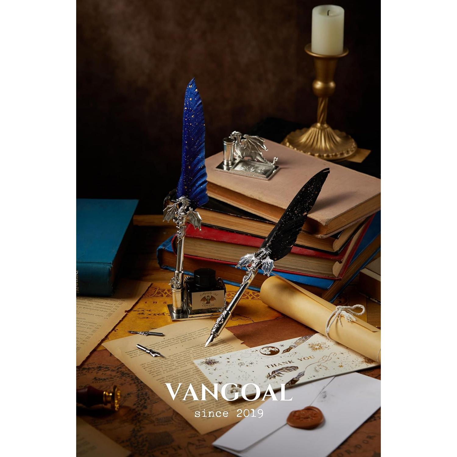 Pluma de Dragón VANGOAL con Tinta Negra y Soporte Decorativo