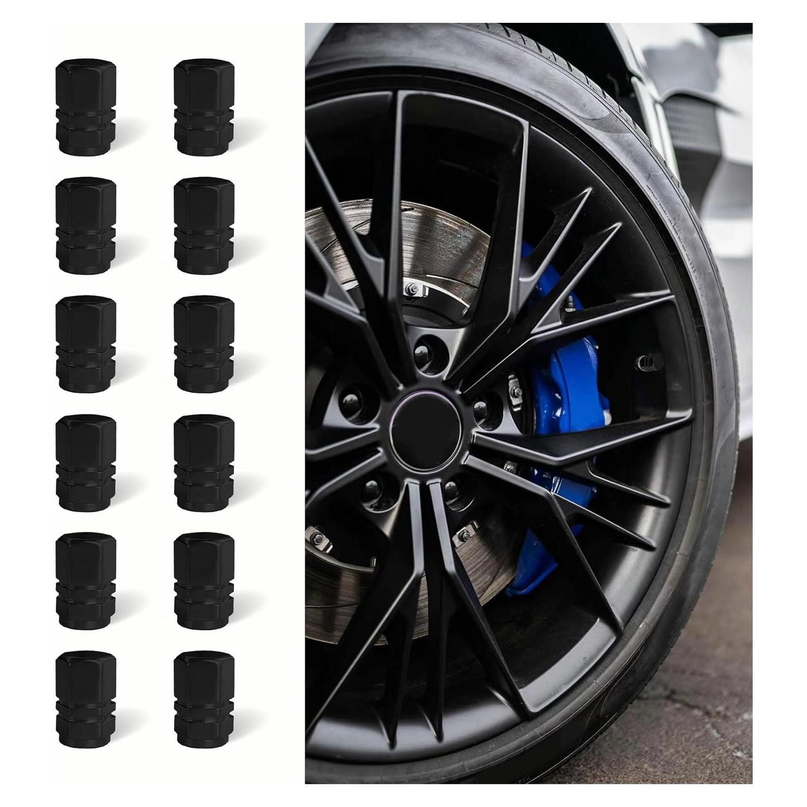 12pcs Tire Valve Stem Caps, Air Caps Cover, Anodized Aluminum Tire Valve Cap Set, Corrosion Resistant, Leak-Proof Stem Covers, Universal Car Accessories for Cars, SUVs, Bike, Trucks (Black)