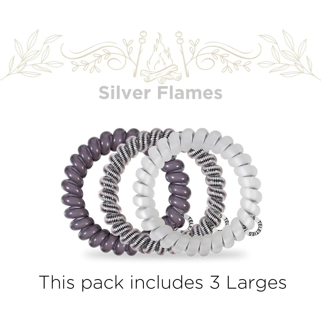 TELETIES Coils de Cabello Espiral Grandes Llamas Plateadas - Paquete de 3