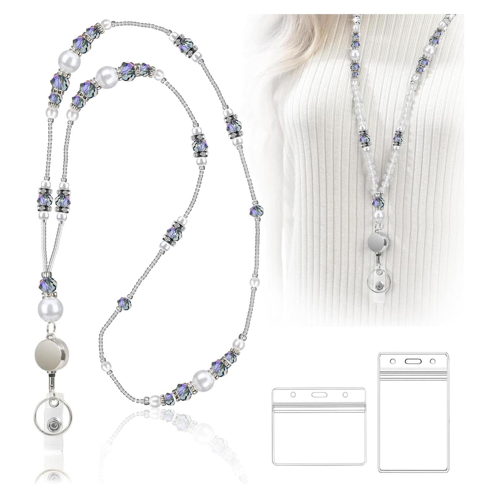 Lanyard Retráctil VIQWYIC con Perlas Brillantes Azul