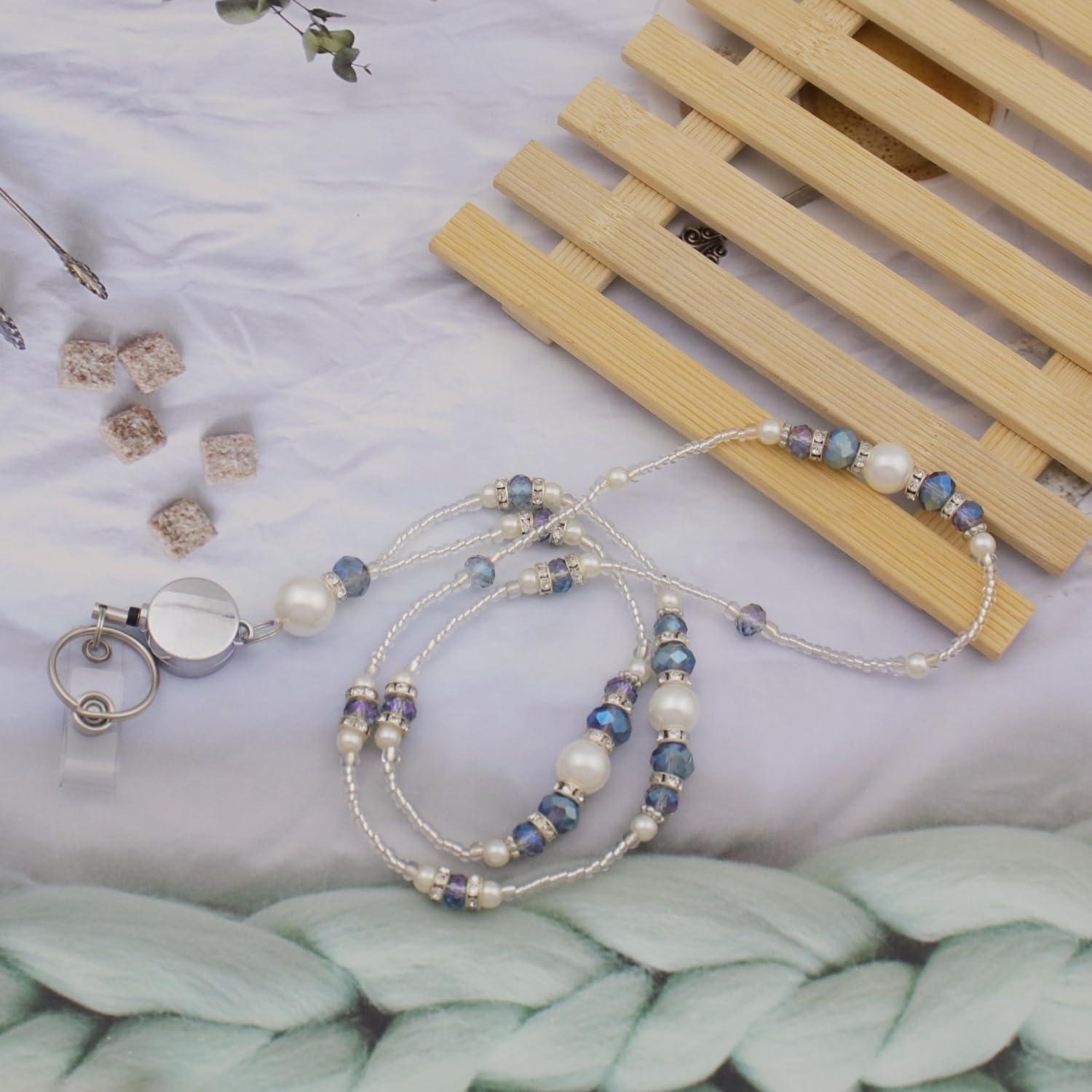 Lanyard Retráctil VIQWYIC con Perlas Brillantes Azul