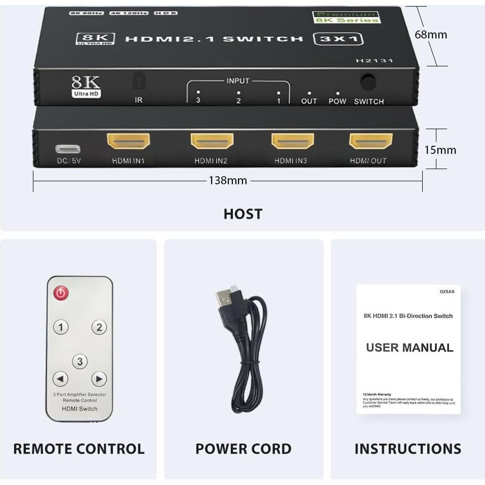 Conmutador HDMI 2.1 LUKFOCAB 8K 3x1 60Hz 4K 120Hz