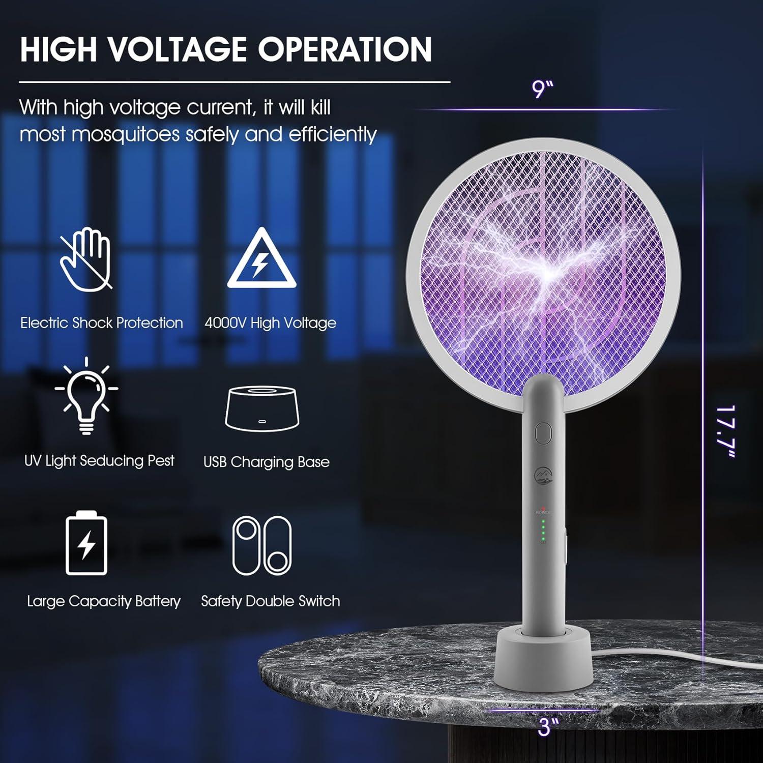 Raqueta eléctrica Mosiller 2 en 1 con base USB y lámpara trampa