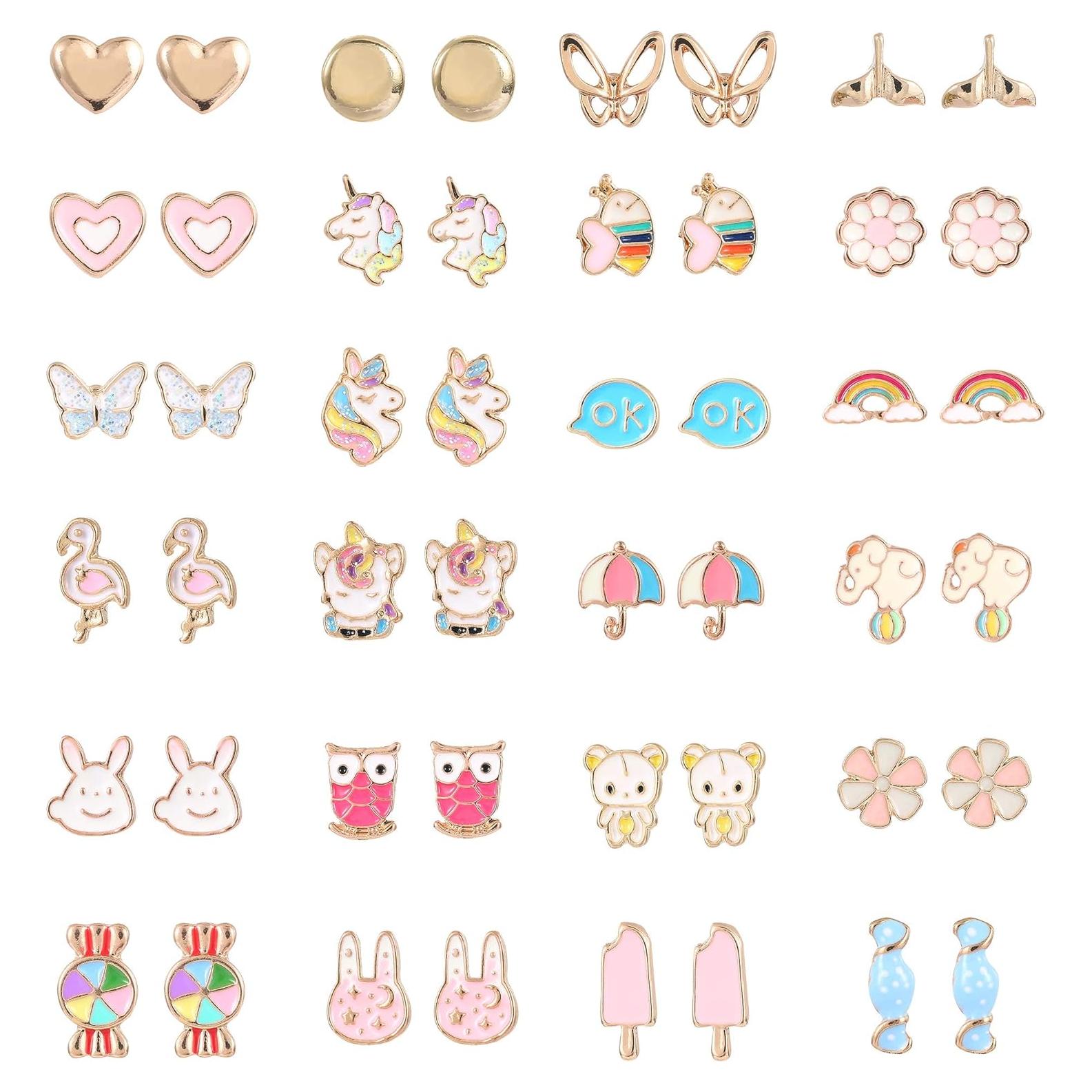 Juego de 24 pares de aretes hipoalergénicos para niñas