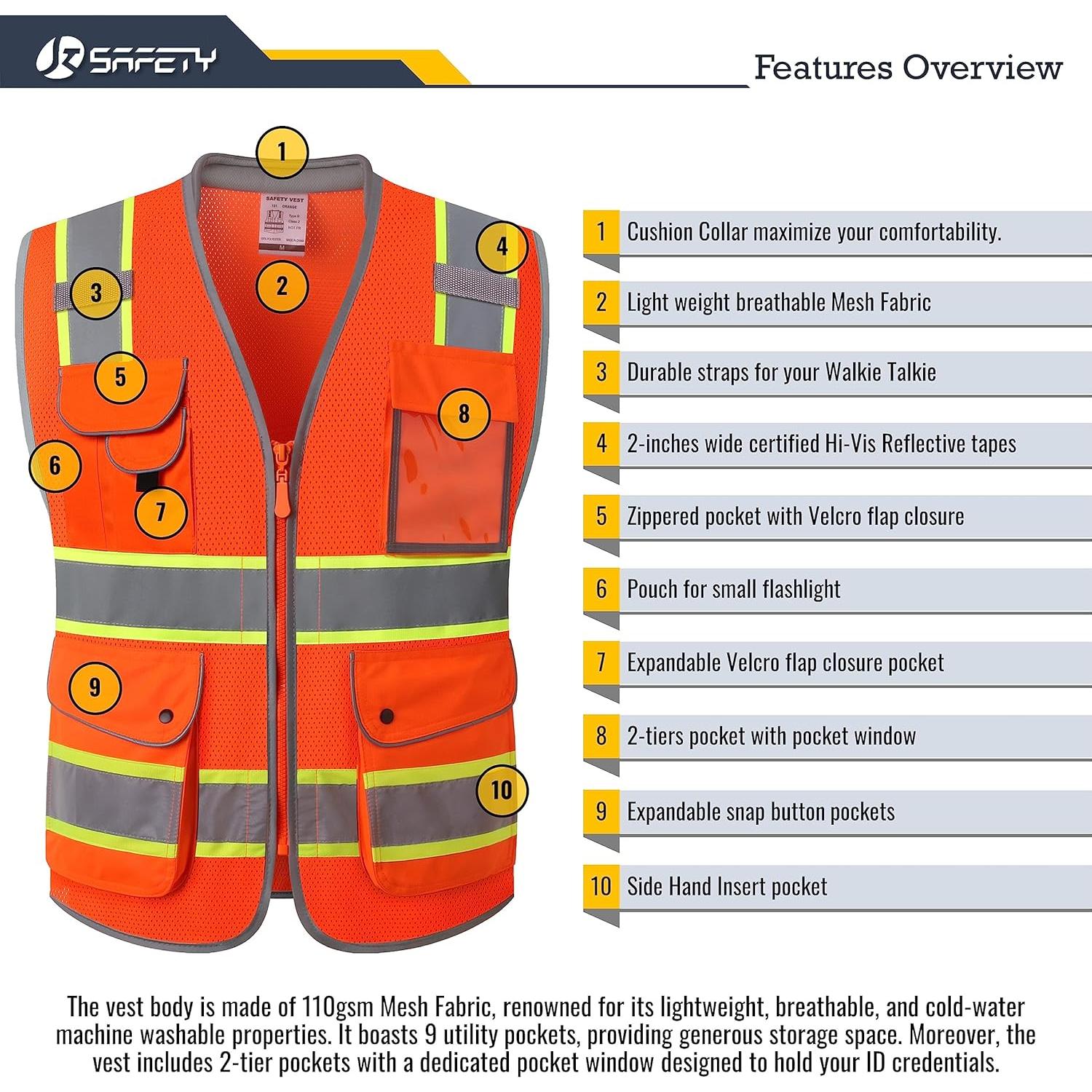 Chaleco de Seguridad JKSafety Hi-Vis 9 Bolsillos Naranja L