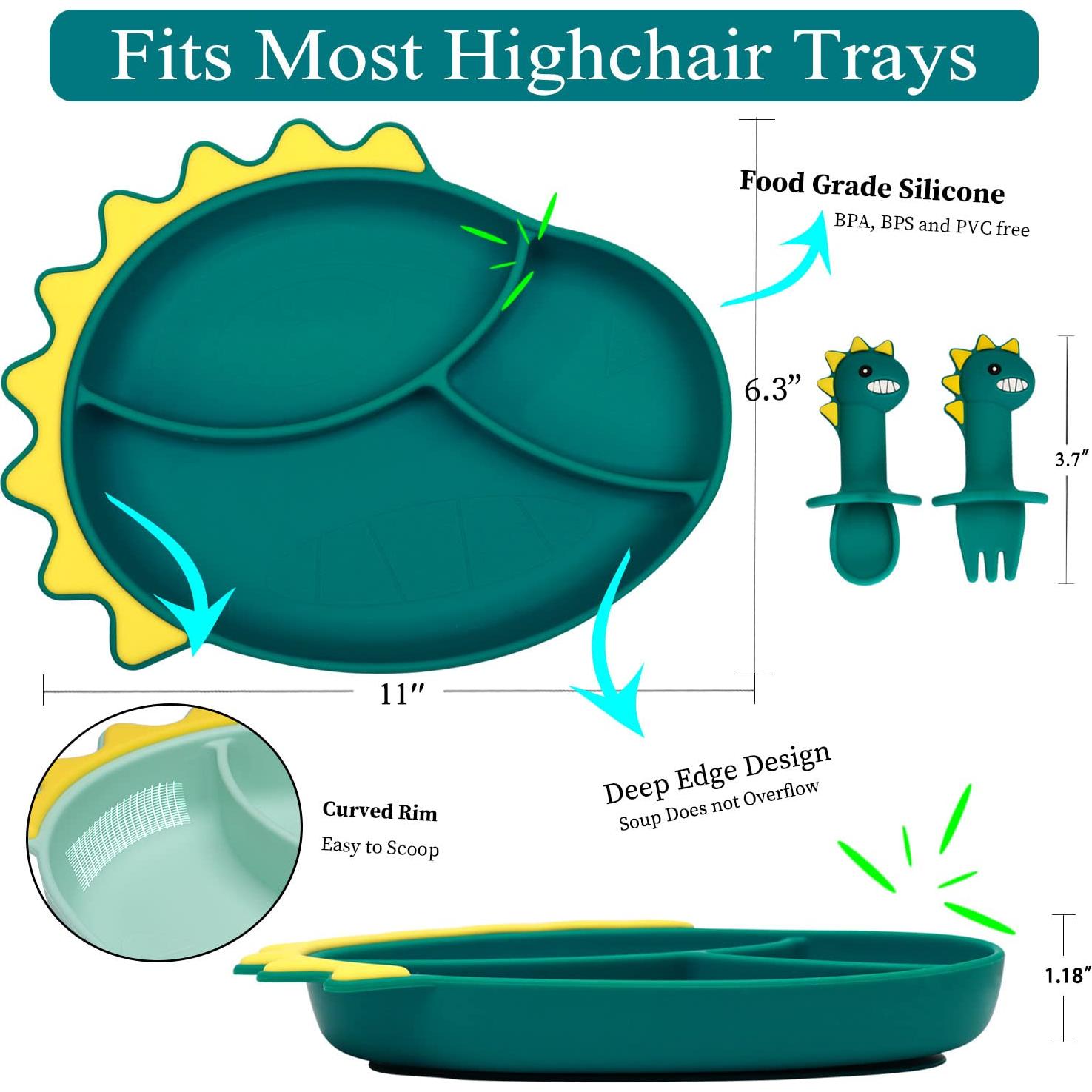 Plato de Silicona con Succión NICINGU Dinosaurio Azul 23.5x16cm