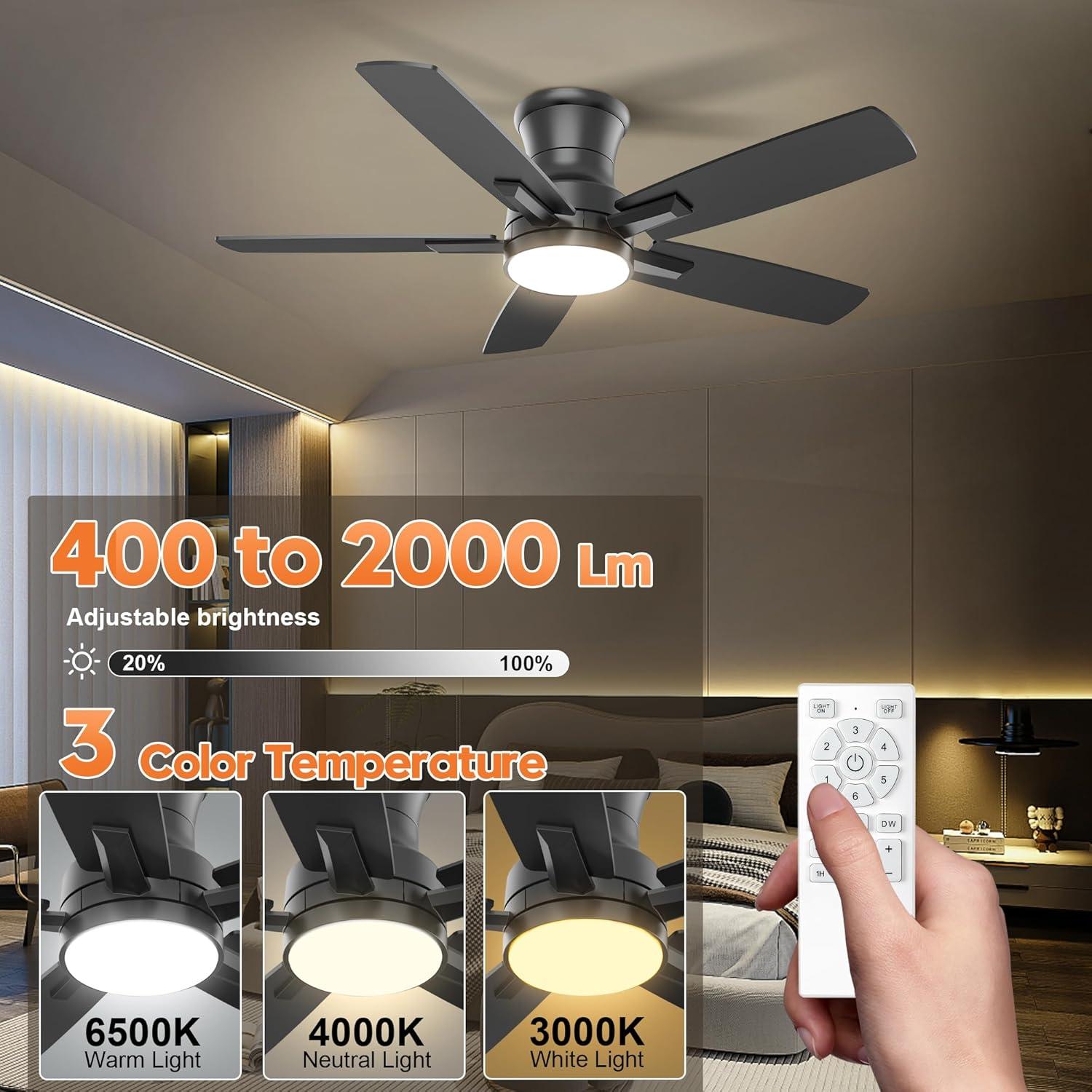 Ventilador de Techo YUHAO 42" Negro con Luz LED y Control Remoto