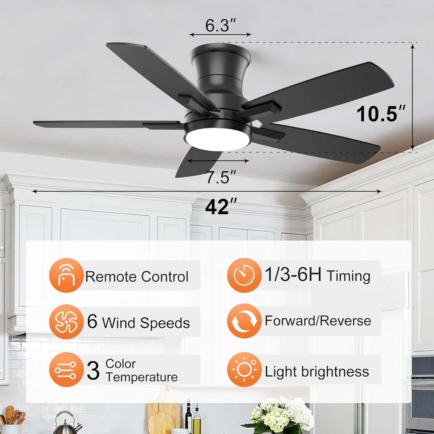 Ventilador de Techo YUHAO 42" Negro con Luz LED y Control Remoto