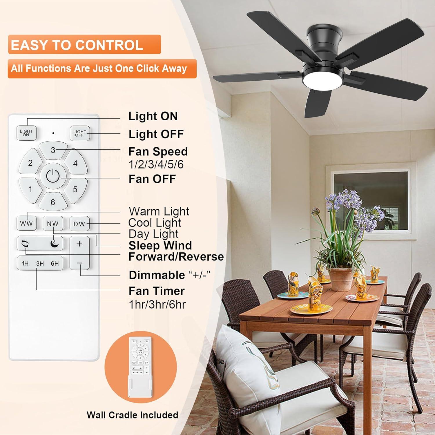 Ventilador de Techo YUHAO 42" Negro con Luz LED y Control Remoto