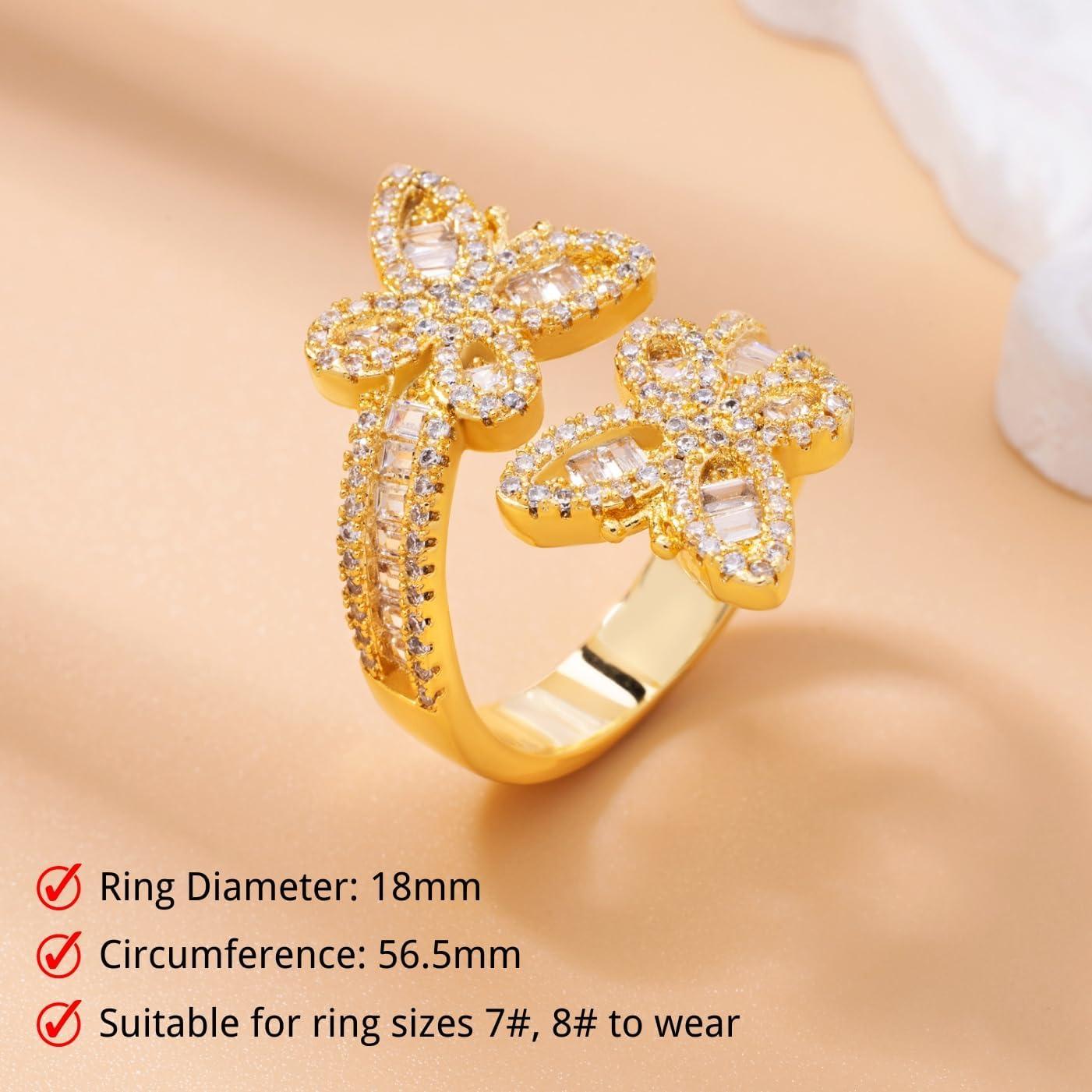 Anillo de mariposa dorado con diamantes CZ para mujer