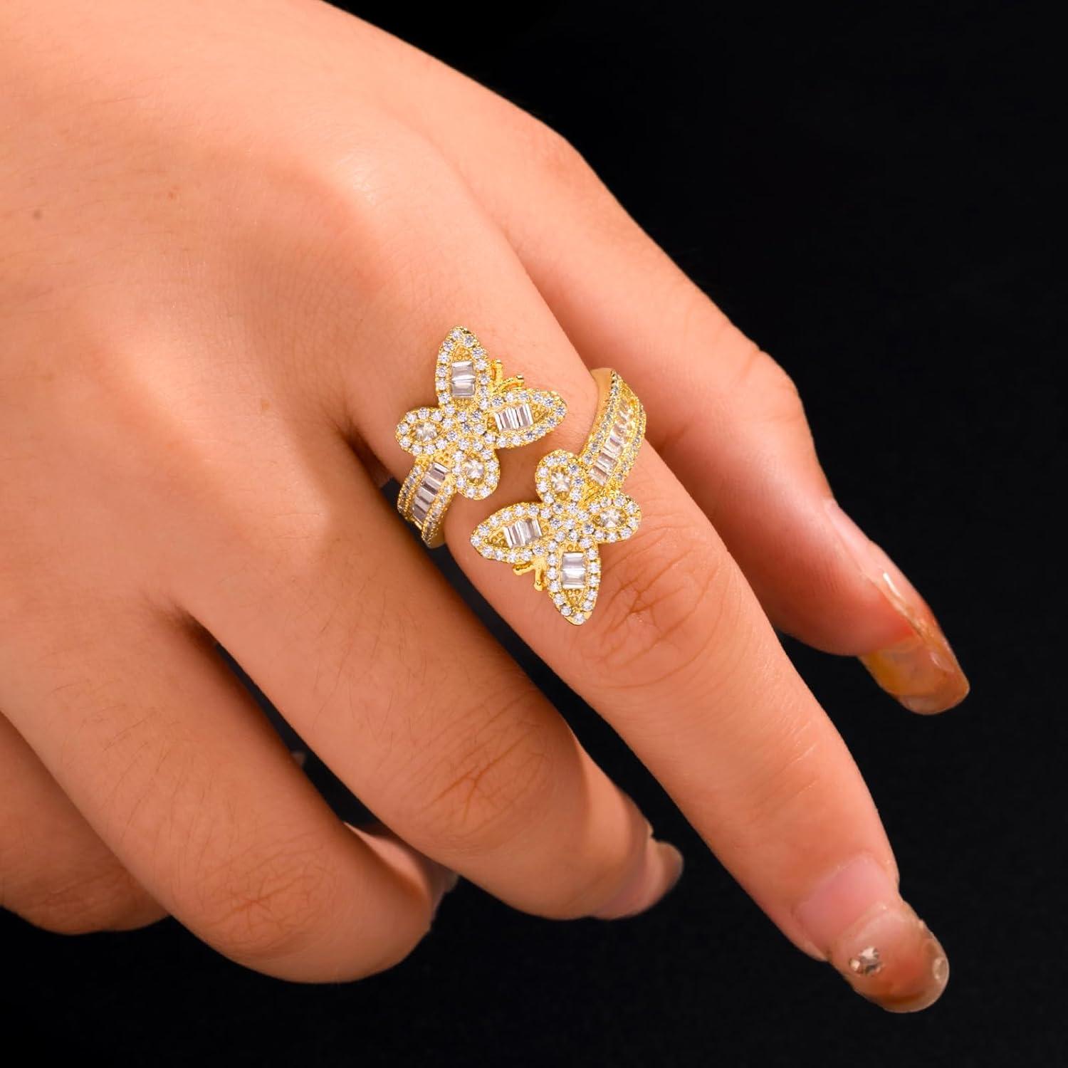 Anillo de mariposa dorado con diamantes CZ para mujer