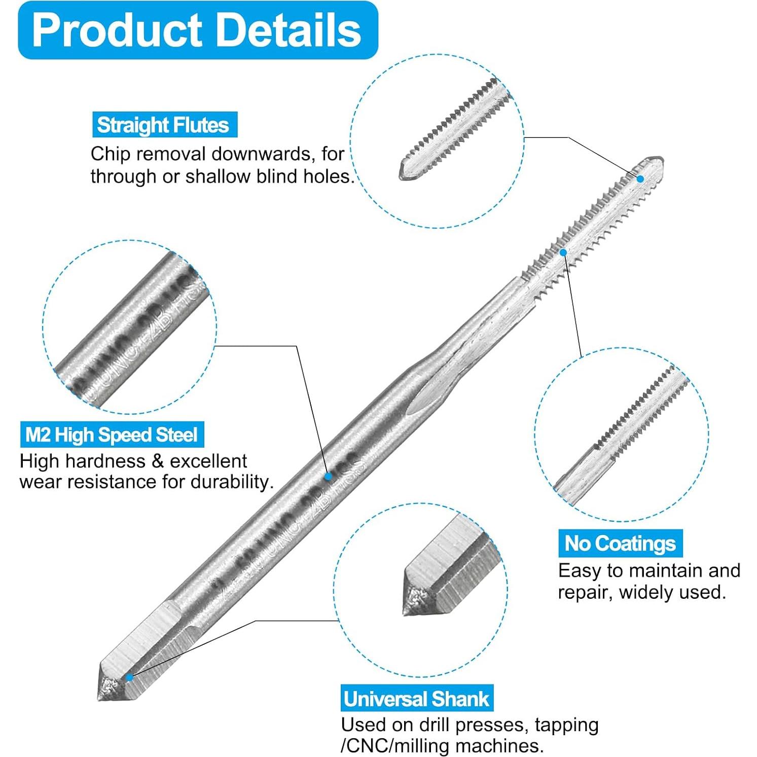 uxcell Tap and Drill Bit Set, 2pcs 2-56 UNC Straight Flute Thread Screw Taps & 2pcs 1.8mm Twist Drill Bits, HSS-6542 Tapping Threading Tool Kit