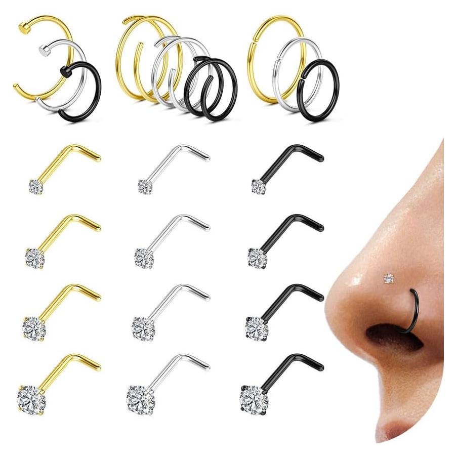 Conjunto 21 Aros Nasales LOYALLOOK - Acero Quirúrgico 316L 18G