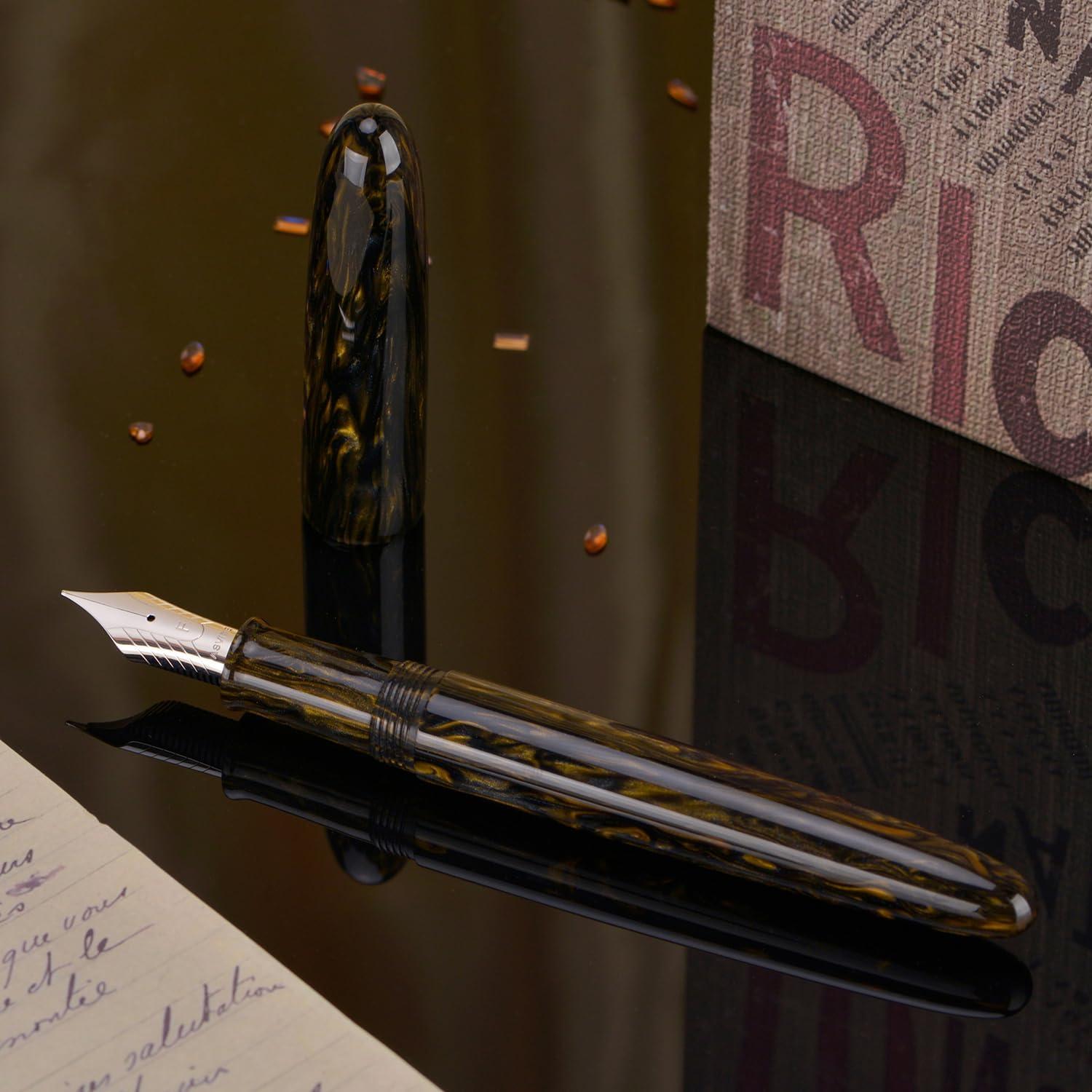 Pluma Fuente Asvine C80 #8 Punta Media Resina Marrón Dorado