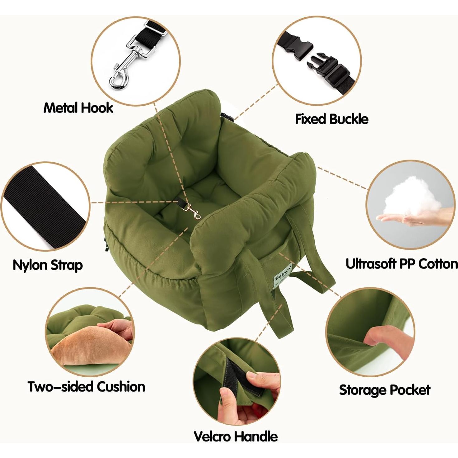 Asiento de Coche para Perros Pequeños Petnex Verde Militar