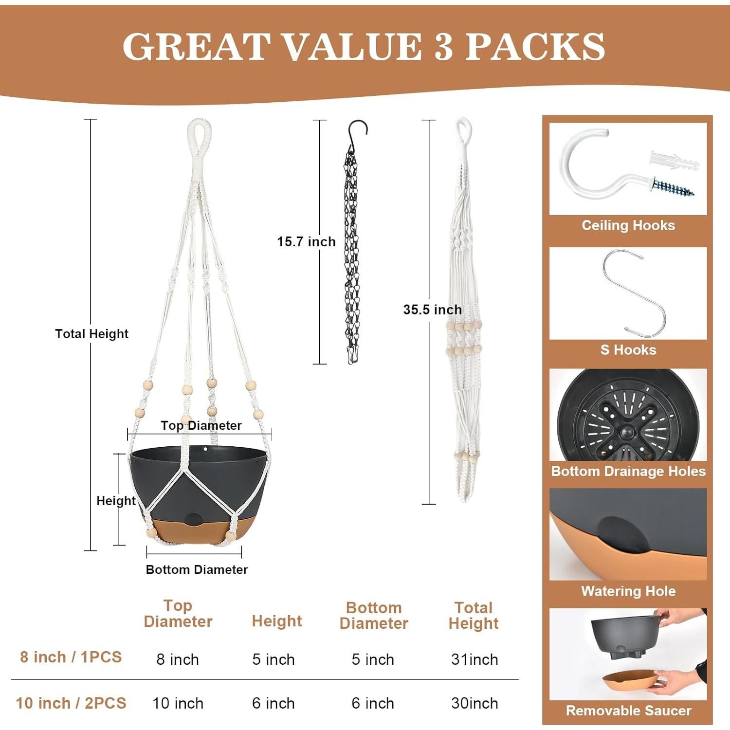 Juego de 3 Macetas Colgantes Autorriego Boochcom - Negro