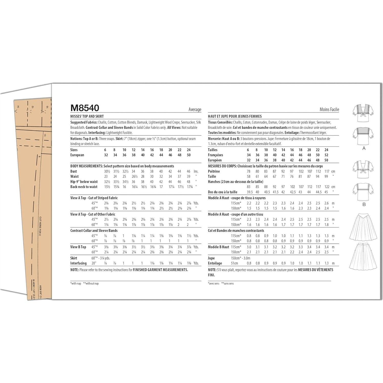 Patrón de Costura Vintage McCall's M8540 Top y Falda 6-14