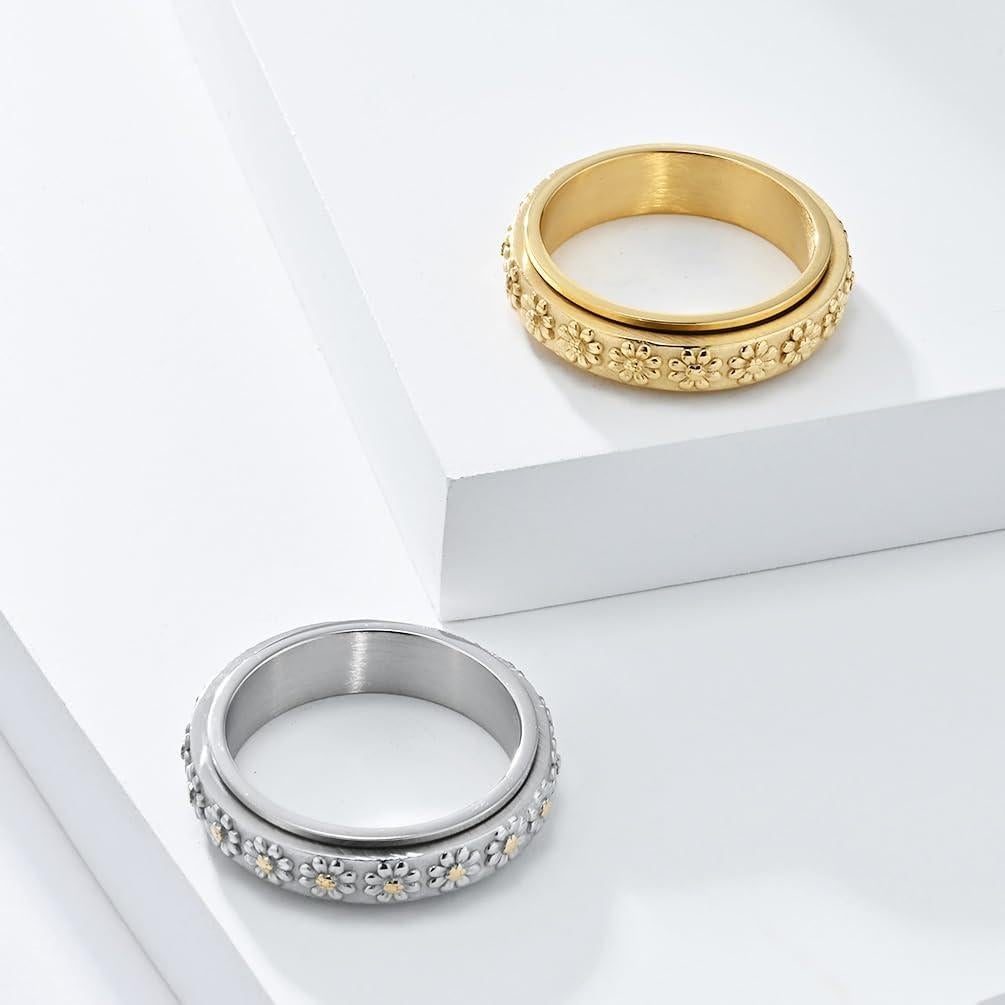 Anillo de Ansiedad IFUAQZ Oro 6MM Acero Inoxidable Floral