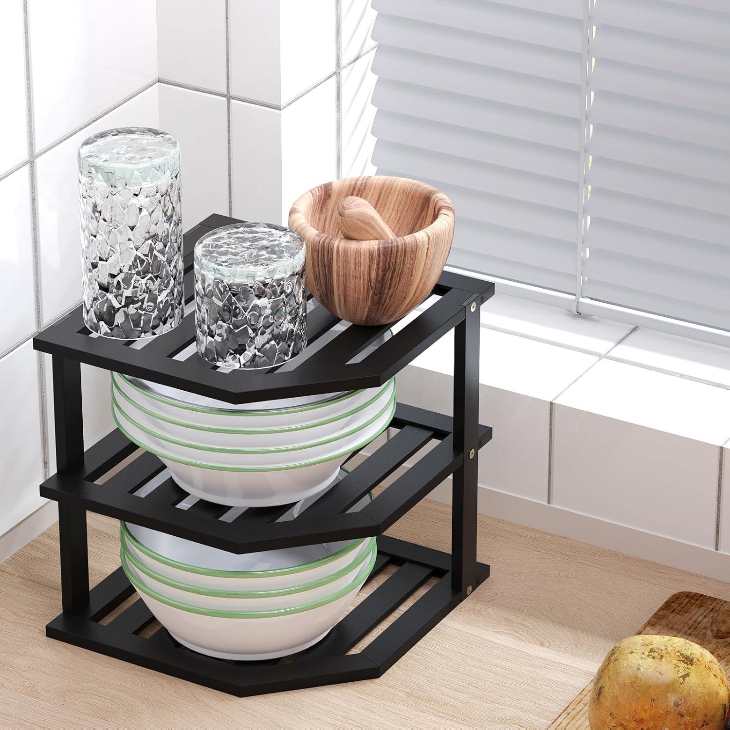 Estante de Esquina VERTORGAN de Bambú 3 Niveles Negro